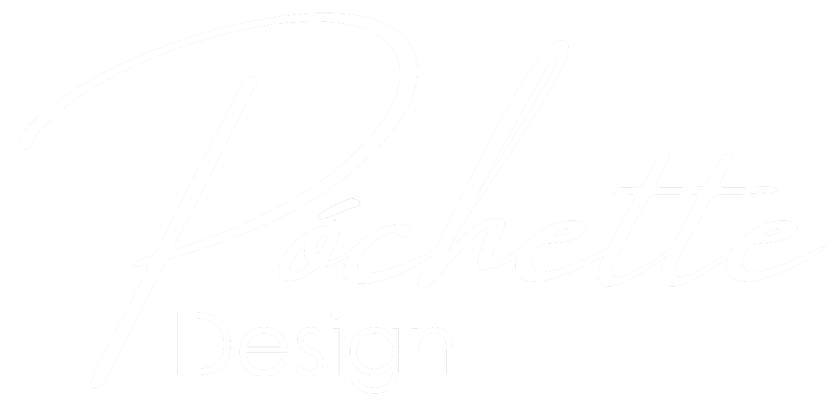 Póchette Design Logo in white font. Póchette is in handwritten script, and design is in a sans script.