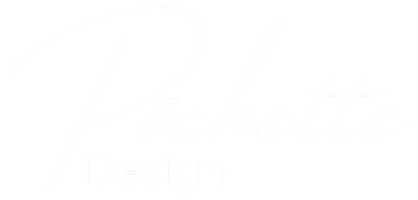 Póchette Design Logo in white font. Póchette is in handwritten script, and design is in a sans script.